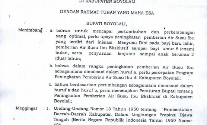 PERBUP PENINGKATAN PEMBERIAN AIR SUSU IBU EKSLUSIF KABUPATEN BOYOLALI